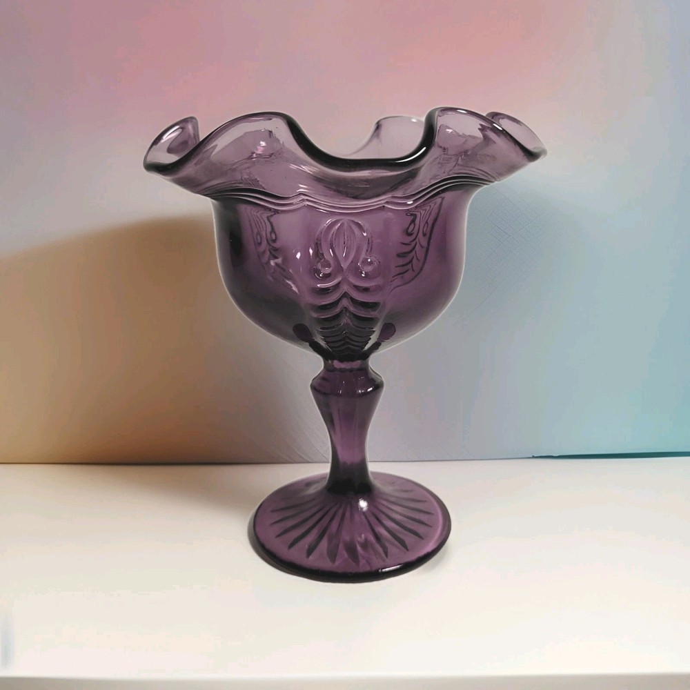 Fenton Amethyst Footed Compote Candy Dish Empress Pattern 1980s Marked