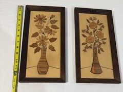 VTG Inlay Wall Art Decor Pair of Floral Panels Flower Vase MCM