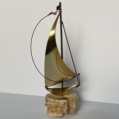 John DeMott Signed Metal Brass Sailboat Sculpture On Stone Base Decor Art Sail