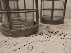 3 Vtg Cast Aluminum Light Bulb Cage & Glass Insert Lamp Industrial MCM