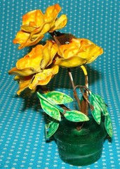 2 Unusual Vtg Enameled Metal Orange Flower Sculptures 6” Arrangement Resin Open