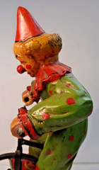 Vintage CLOWN ON BIG WHEEL Bicycle + display stand 16″ tall unbranded
