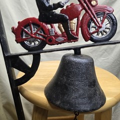 Cast Iron Motorcycle Dinner Door Bell Hand Painted Red Motorcycle Rider