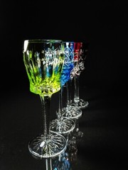 Faberge Na Zdorovye Crystal Colored Cordial Glasses 5 3/4″ H x 2″ at rim NIB