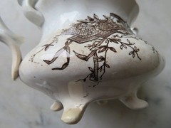 2 Vintage WHITE BROWN Transferware PLATES & TEAPOT Birds & Branches CRAZING