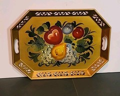 Vtg Toleware Metal Octagon Gold Tray Hand Painted Fruit Reticulated Handles