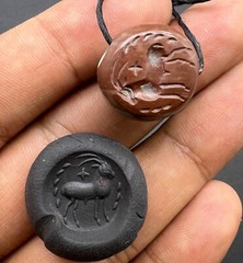Jasper Stone Pair Of Old Ancient Sassanian Era Different Intaglios Stamp Beads