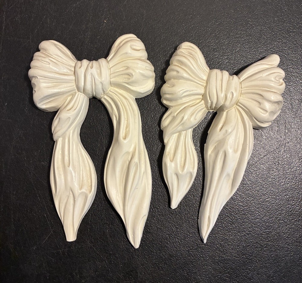 Vintage White Bows Hanging Wall Plaques Homco Decor Molded Plastic Coquette