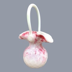 Pink Hand Blown Art Glass Basket Bowl Mid Century Pink & White Swirl 9″ Vintage