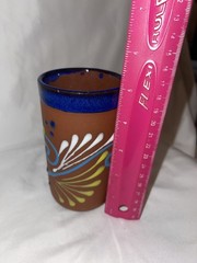 Mexican Folk Art Terra Cotta Pottery Tumbler Cup Vase Raised Design Hand Painted