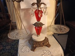 Vintage Brass Justice scale Prisms marble base Regency MC 18″ T 1960’s