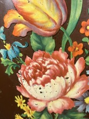 VTG Hand Painted CANCO Toleware Metal Trashcan / Can Floral Roses Brown 13”