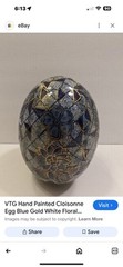 VTG Hand Painted Cloisonne Egg Blue Gold White Floral Geometric Design Easter