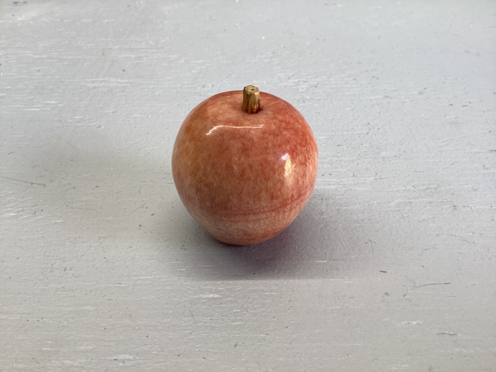 Vintage Polished Peach Pink Red Apple Marble Stone Fruit w/ Wood Stem