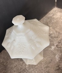 Vintage Milk Glass Anchor Hocking Grapes & Leaves Footed Candy Dish with Lid 8”