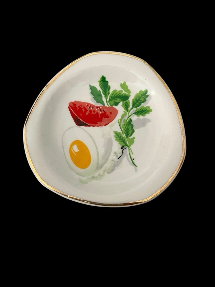 Vintage Hispania Porcelain Trinket Dish Plate Egg Tomato Parsley Mint Sprig