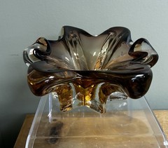 Vintage Murano Hand Blown Art Glass Bowl Brown Amber Ombre Heavy MCM