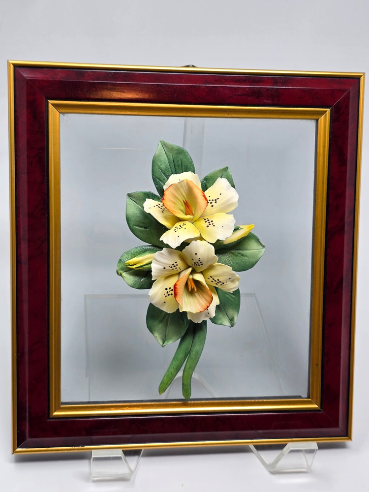 VTG Capodimonte Porcelain 3D Flowers Framed Made in Italy Signed Carlo Lowastano