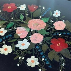 VTG Black Tole Toleware Painted Tray Scalloped Floral Cottage Goth Boho 20″x25″