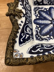 Bombay Co Blue & White Centerpiece Footed Bowl Floral Chinoiserie Brass Trim