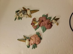 Vtg 1993 Burwood Products 3 Pc Hummingbirds Wall Hanging Set Made in USA pastel