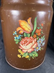 VTG Hand Painted CANCO Toleware Metal Trashcan / Can Floral Roses Brown 13”