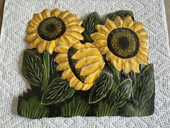 3 Vtg Hand Painted Tin Wall Hangings Hooks Sunflowers Cat in Basket Flower Pot