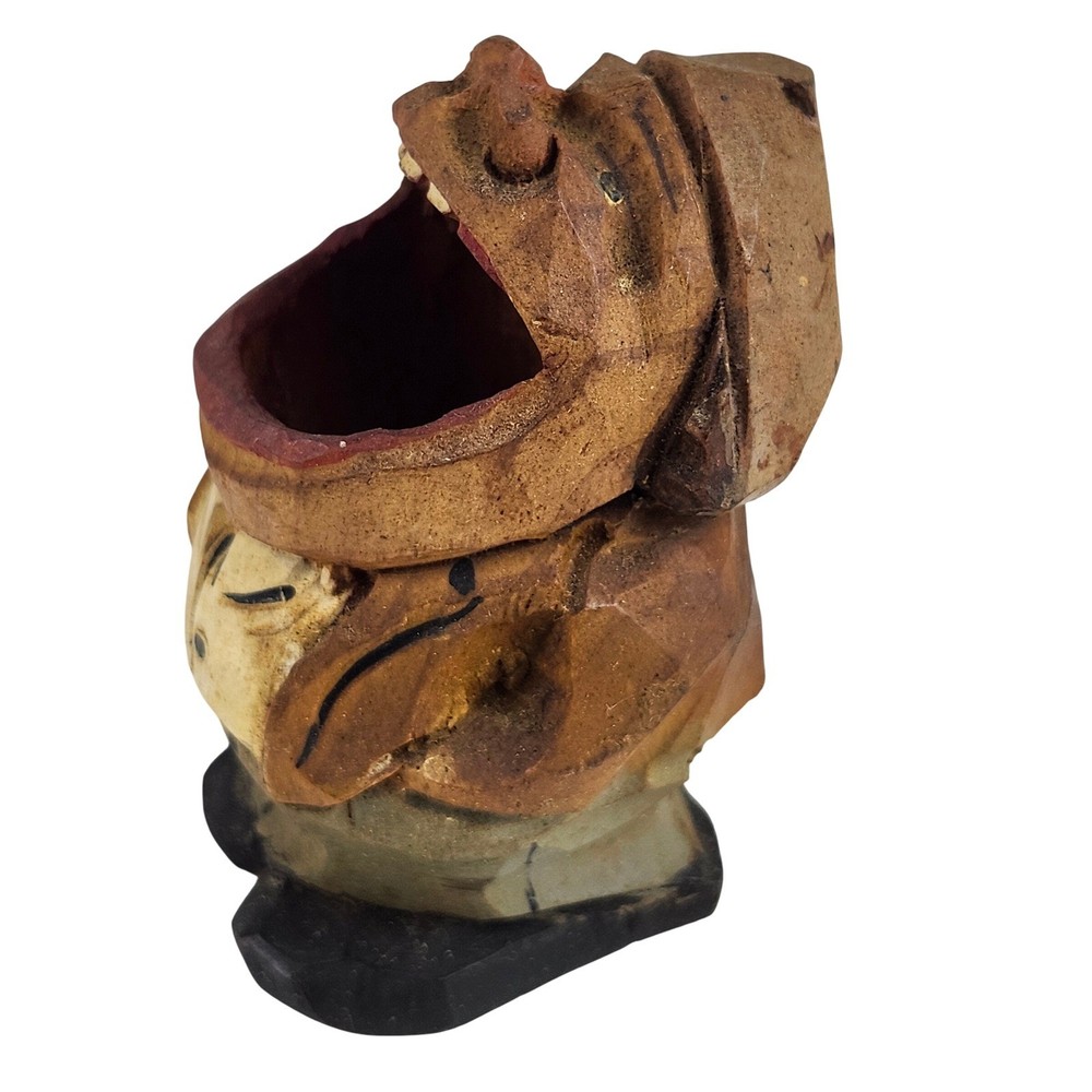 VTG ANRI Hand Carved Wooden Big Mouth Toothpick Match Holder Man Figure Folk Art