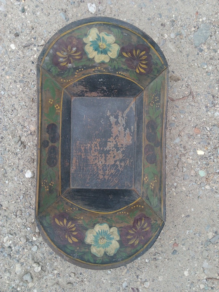 ANTIQUE Rectangle Green Black Gold TOLEWARE Tin TRAY Hand Painted