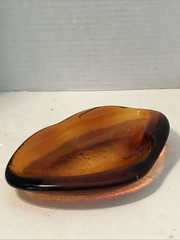 MCM Blenko Free Form Chunky Heavy Amber Glass Amoeba Sculpture Dish-Sig.