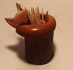 MCM FOX vtg cabin wood carved toothpick holder sculpture natural tree log art