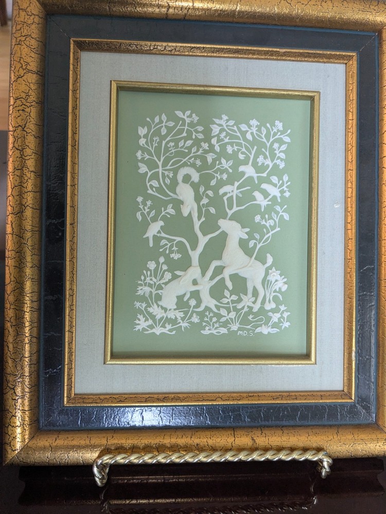 Green Wedgwood Jasperware Parian Porcelain Wall Plaque Flora and Fauna FRAMED