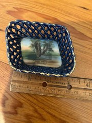 Antique Souvenir Cobalt Blue Basket Weave Dish Wurtsboro,NY Made In Germany