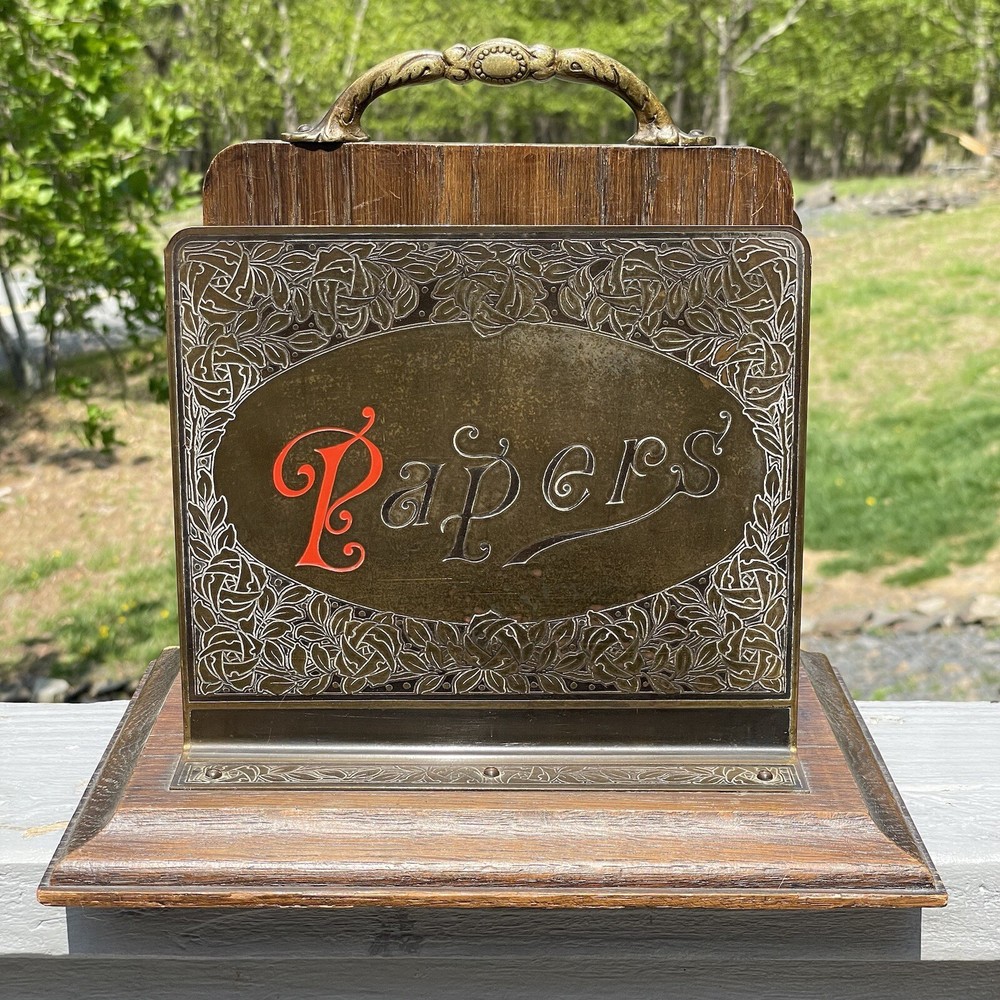 Antique 19th C. Victorian Desk Paper Organizer Brass Wood Enamel Art Nouveau