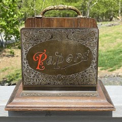 Antique 19th C. Victorian Desk Paper Organizer Brass Wood Enamel Art Nouveau