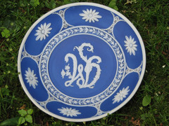 WEDGWOOD RARE 1790 DARK BLUE JASPER DISH MONOGRAM (WS) IN FLOWERS SARAH WEDGWOOD