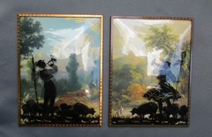 Antique silhouette Reverse Painted convex glass 6”x8” Shepherd Boy Trumpet Sheep