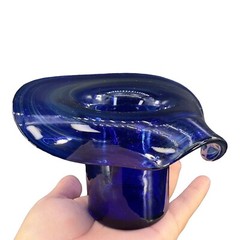 1980s Art Glass Hat Shaped Dish Bowl Clear Cobalt Blue Swirls Folded Edges VTG