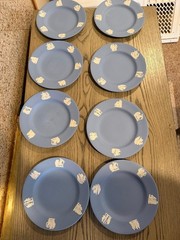 Vintage Set of 8 Jasperware Plates Wedgwood Blue Cameo Relief Decorative 6.5″