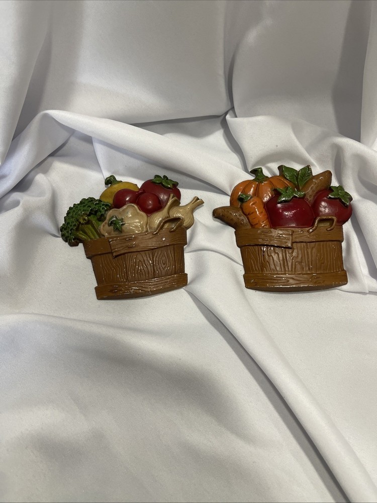 2 Vintage Sexton Cast Metal Wall Hanging Fruit and Vegetable Basket Art 1976