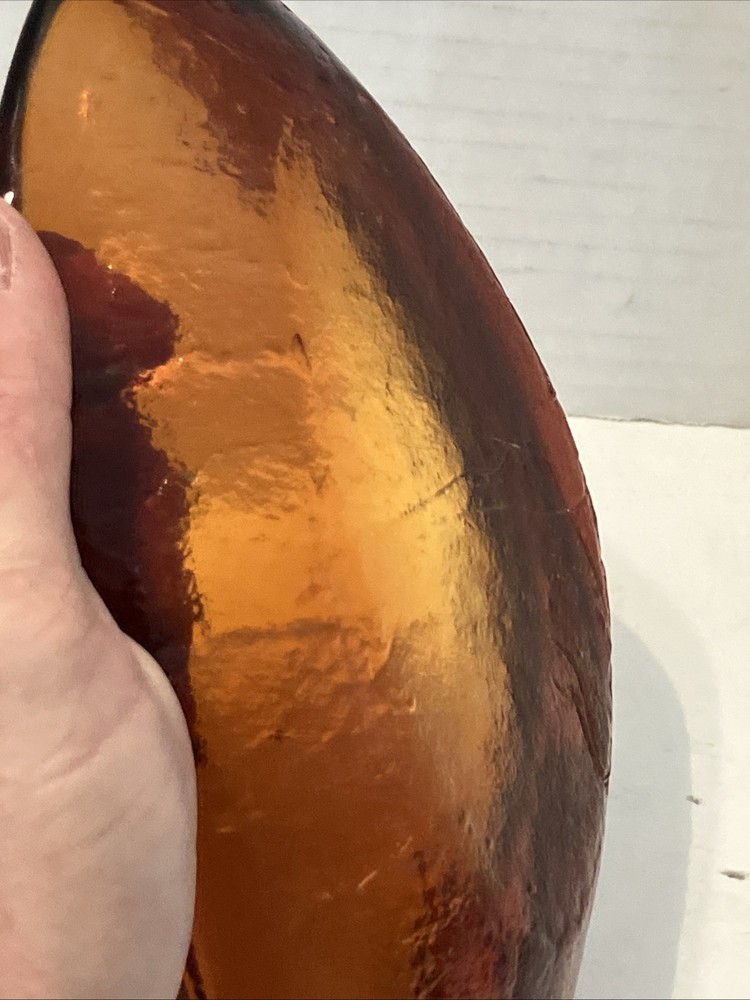 MCM Blenko Free Form Chunky Heavy Amber Glass Amoeba Sculpture Dish-Sig.