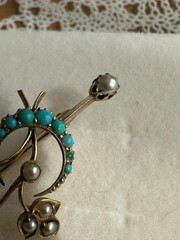 British 10k Antique Brooch Shamrock & Turquoise Moon Edwardian Style