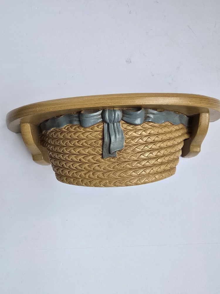 Vintage 1989 Burwood “Straw Bonnet” Faux Wicker Wall Shelf Blue Bow Made in USA