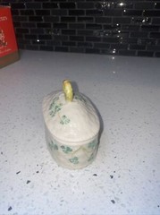 VTG Belleek Pottery Ireland Trinket Box w/Lid Basket Weave with Green Shamrocks