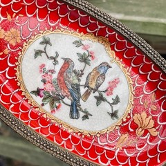 9″ Wong Lee Porcelain Oval Dish Hand Paint Brass Handles Floral Birds Modern