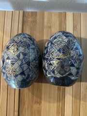 VTG Hand Painted Cloisonne Egg Blue Gold White Floral Geometric Design Easter