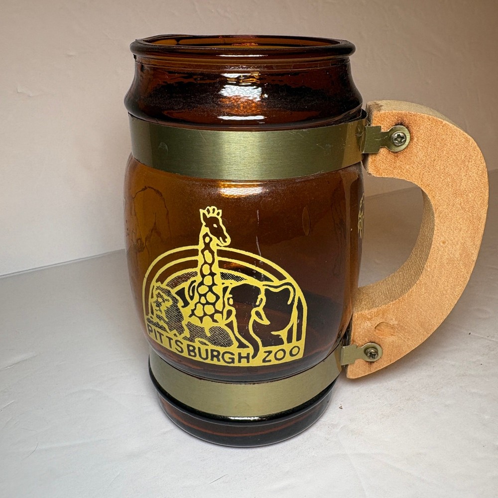Vintage Pittsburgh Zoo Souvenir Brown Glass Barrel Mug Wood Handle