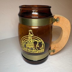 Vintage Pittsburgh Zoo Souvenir Brown Glass Barrel Mug Wood Handle