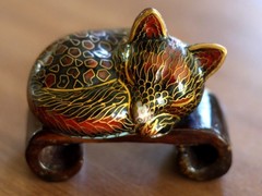 Sleeping FOX -Vintage Cloisonne Figurine w/ Beautiful Scroll Wood Display Stand