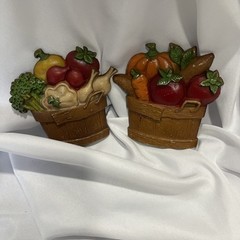 2 Vintage Sexton Cast Metal Wall Hanging Fruit and Vegetable Basket Art 1976